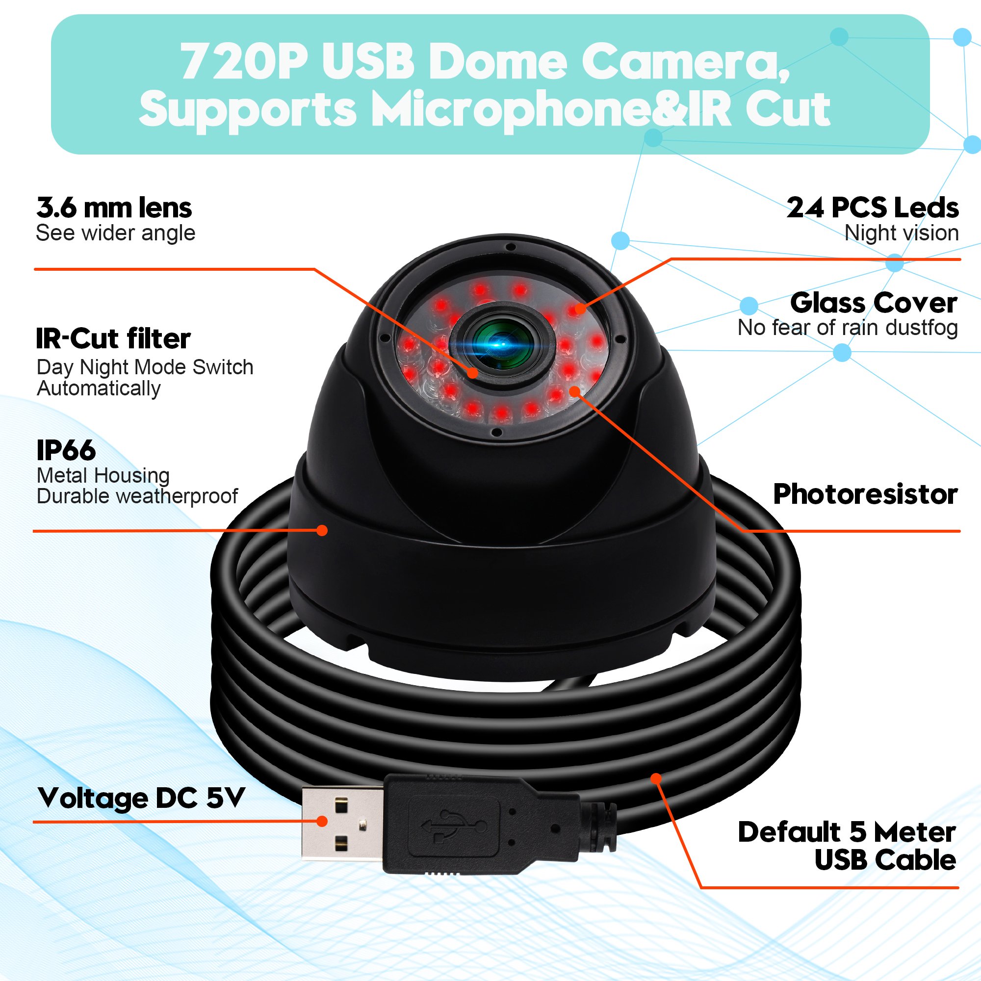 ELP 1.0 Megapixel 720P Waterproof Dome USB Camera with IR Cut and IR LED for Day&Night Smart Video Surveillance Camera