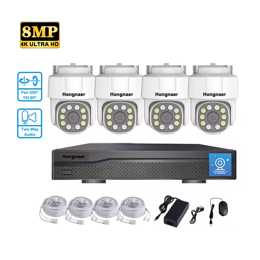 Hongnaer 8MP Eseecloud Two Way Audio 4CH Outdoor POE NVR CCTV Kit Wireless IP PTZ Security Camera System 4K Surveillance System