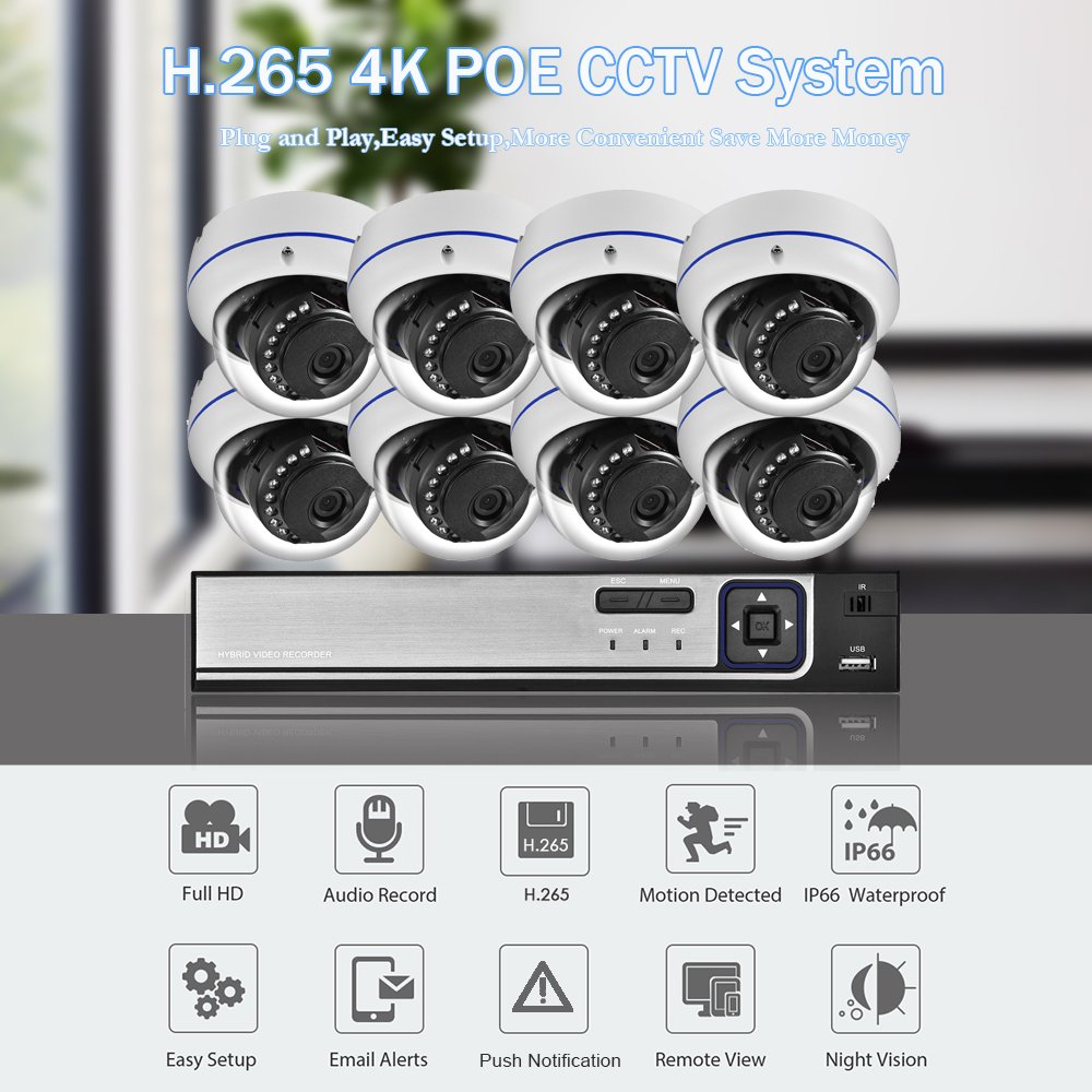 HD 4K 8MP Poe Camera Security System 8CH 4CH CCTV NVR Kit Video Surveillance System Night Vision Set Outdoor Waterproof MIC CAM