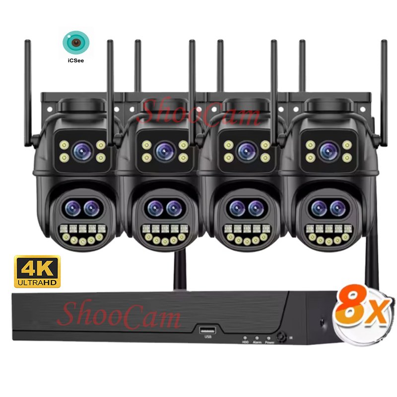 ICsee 9MP Wifi PTZ IP Security Camera Kit 8x Zoom 4CH Wireless NVR Outdoor Color Night Vision CCTV Video Surveillance Kit 4CH