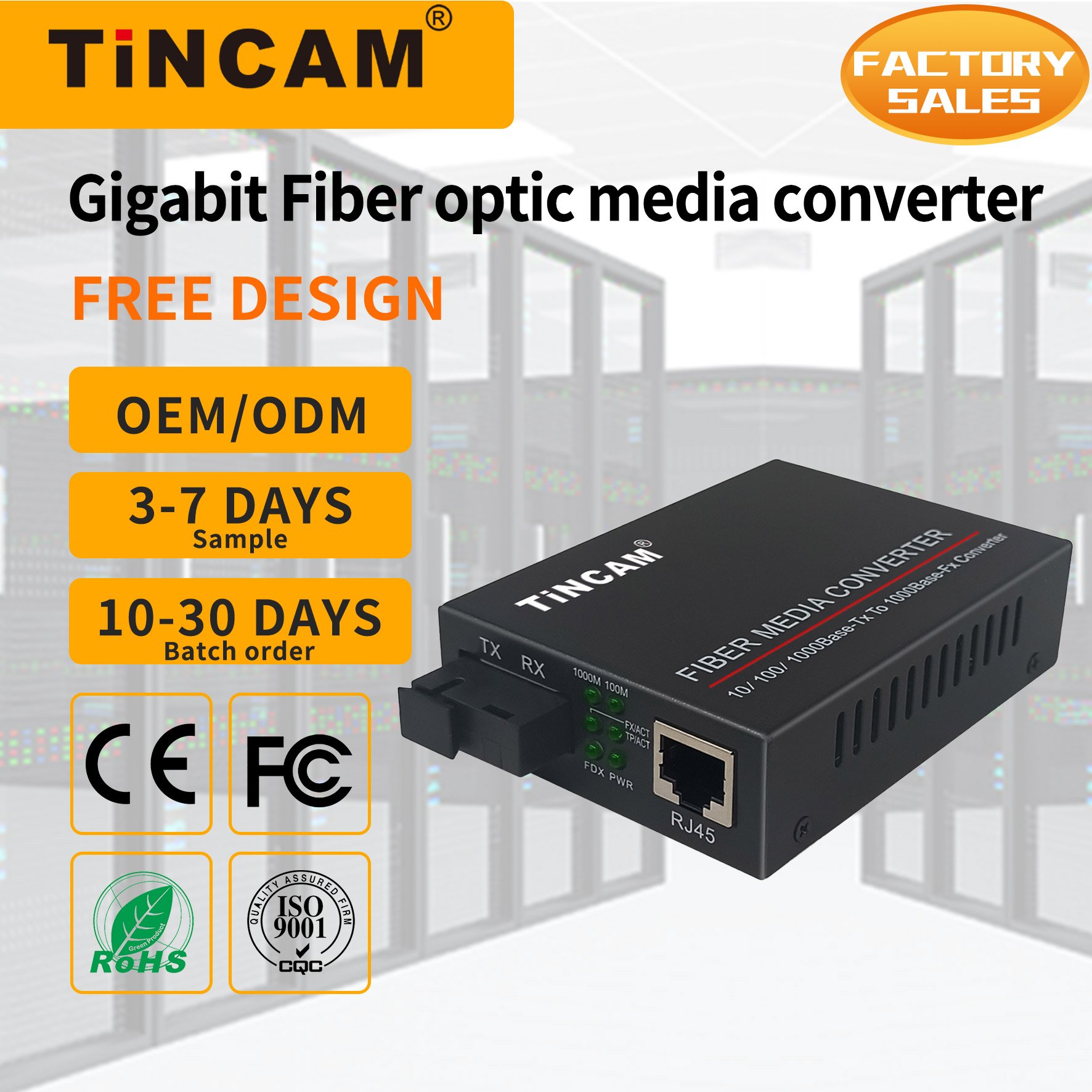 TiNCAM Factory OEM/ODM 10M/100M/1000M 3KM/20KM SM single fiber SC Rj45 fiber optical equipment Gigabit Media Converter for FTTH