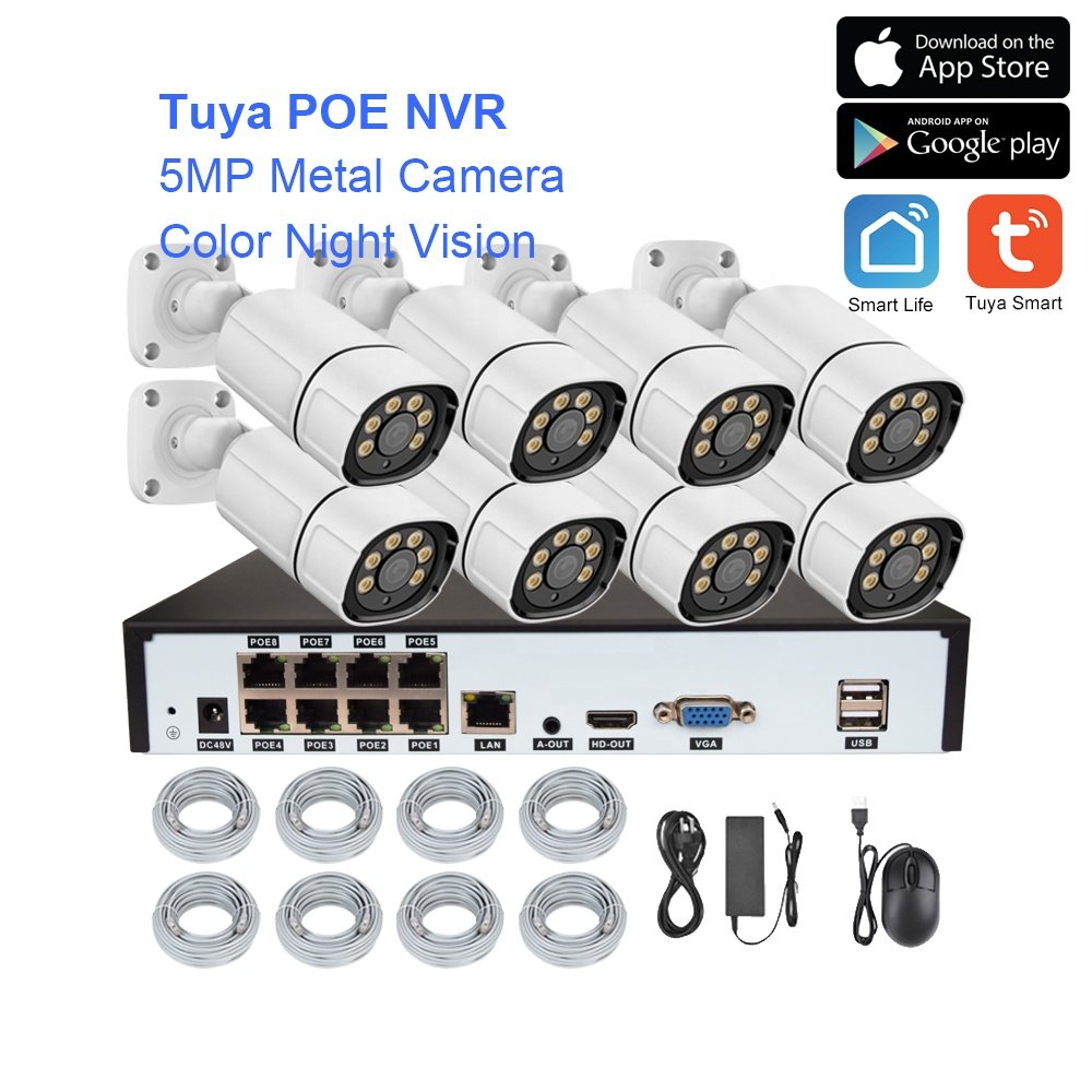 4 8 16 channel Tuya POE NVR Kit 5MP 8ch 16ch Wired POE IP Camera CCTV Surveillance System with Audio Recording for outdoor use
