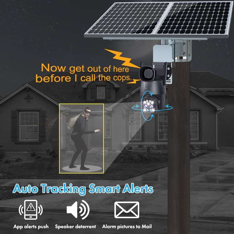 TecDeft Solar camera 4G sim card Farm Outdoor auto motion track ptz cctv alert IP 8MP 4k surveillance security camera wireless