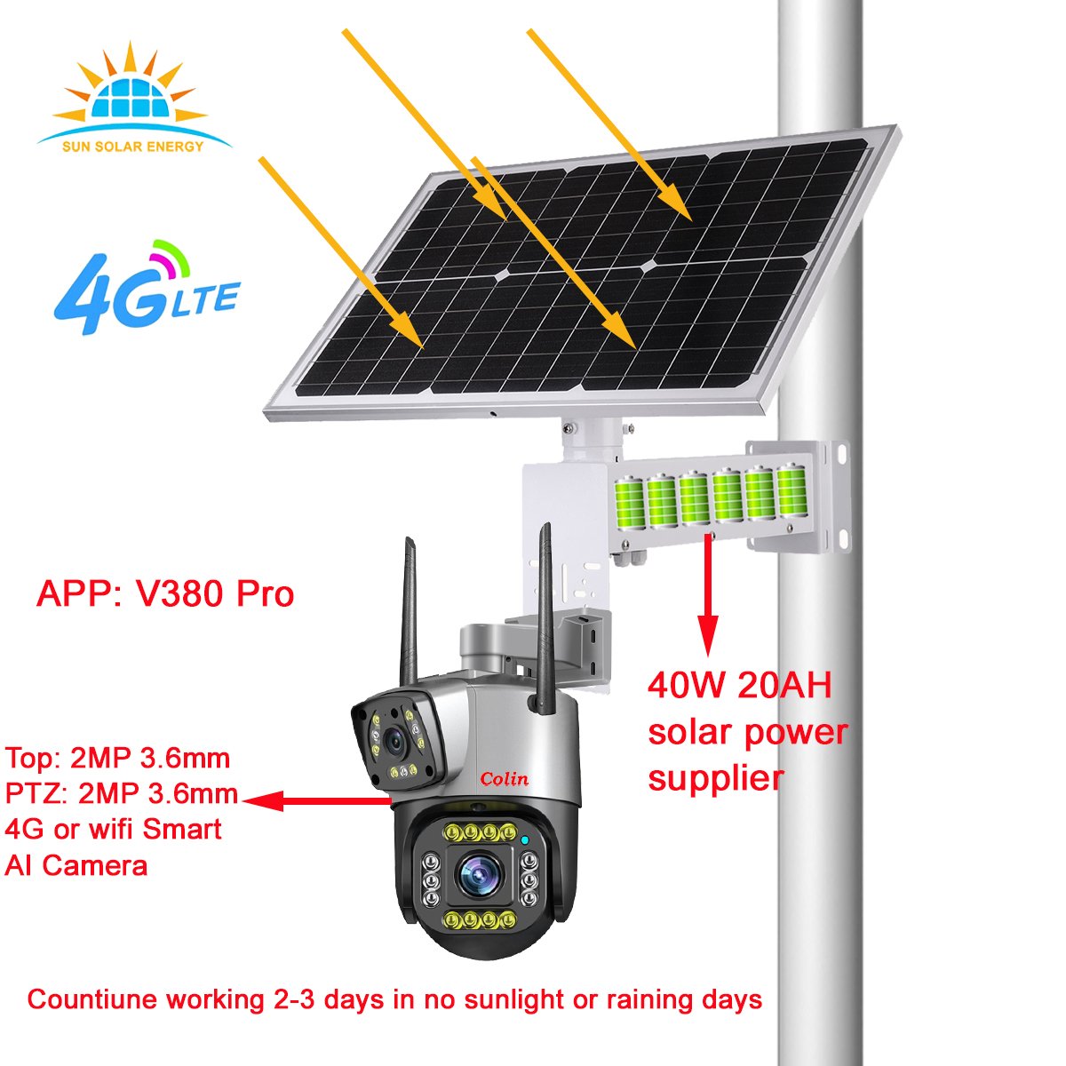 Faster shipping New 4G Sim Card Outdoor Security Aurora Series Dual Lens PTZ 40W 20AH 222WH Solar Camera with Street Light