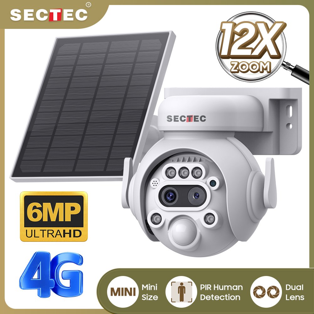 SECTEC Mini size 4G Battery 3K 6MP Security Solar Wifi dual lens 12x zoom Camera T40 chip Solar Waterproof IP Camera