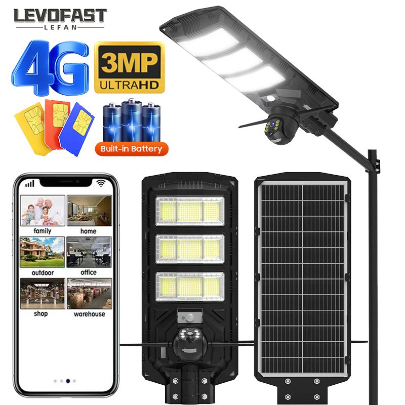 LEVOFAST Factory New 18000 mAh Solar Battery 4MP 3MP 300w Street Road LED Light IP66 4G Sim card camera with 24W Solar Panel