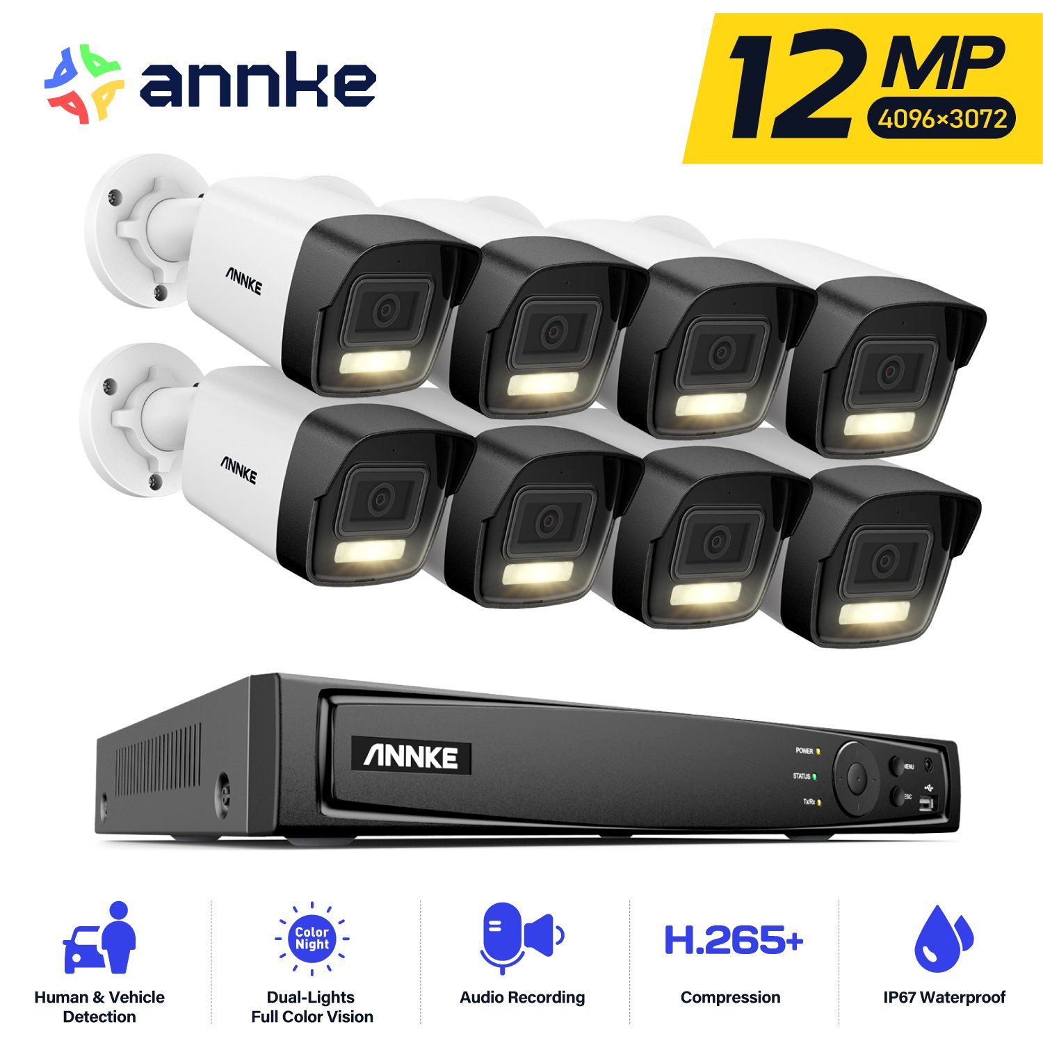 ANNKE HD 12MP Tri-Mode Surveillance System with Smart Motion Detection, IR & White Light, NVR Kit for Outdoor Security