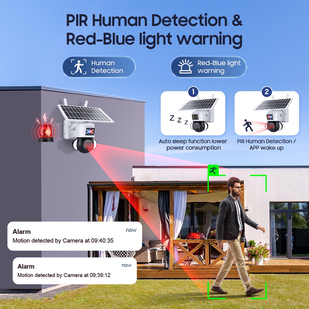 Hot sale 4G network camera 6MP Red-Blue Alarm 12X Zoom Solar Camera with floodlight APP UBOX Low power Solar 4g sim card Camera