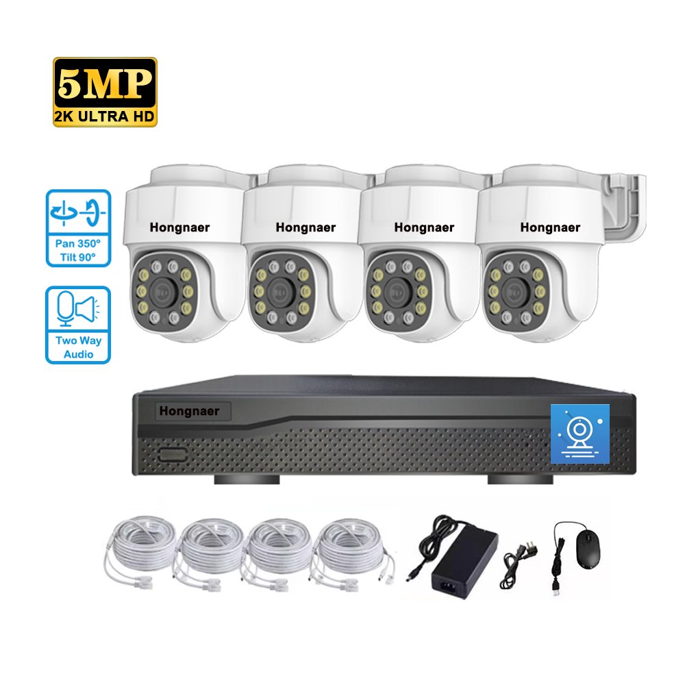Hongnaer 5MP Eseecloud Two Way Audio 4CH Outdoor POE Surveillance System NVR CCTV Kit Wireless IP PTZ Security Camera System