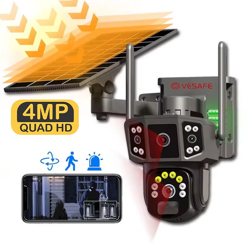 VESAFE Outside De Surveillance Seguridad 4 Mp Solar Camera V380pro Double Lens Solar Panel Power Security Cameras