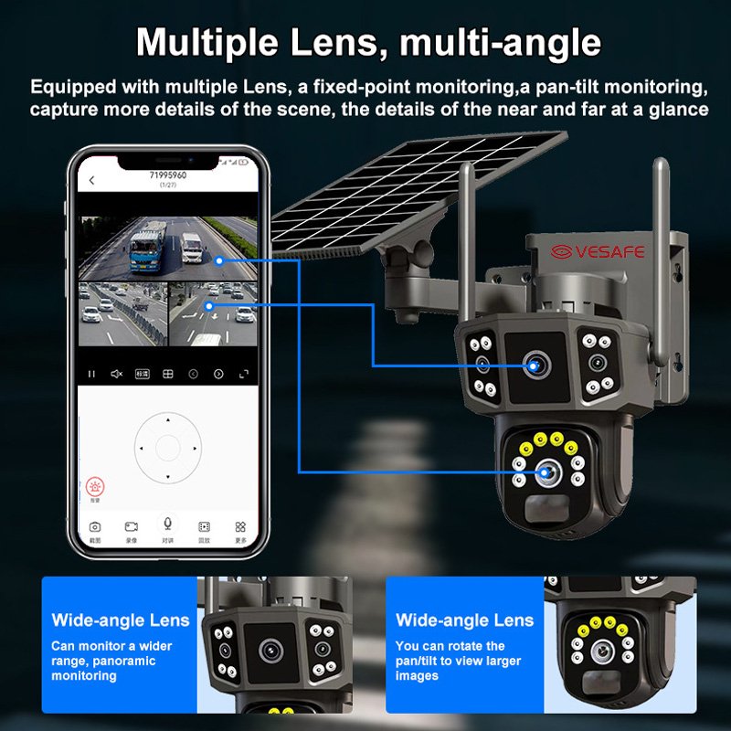 VESAFE Outside De Surveillance Seguridad 4 Mp Solar Camera V380pro Double Lens Solar Panel Power Security Cameras