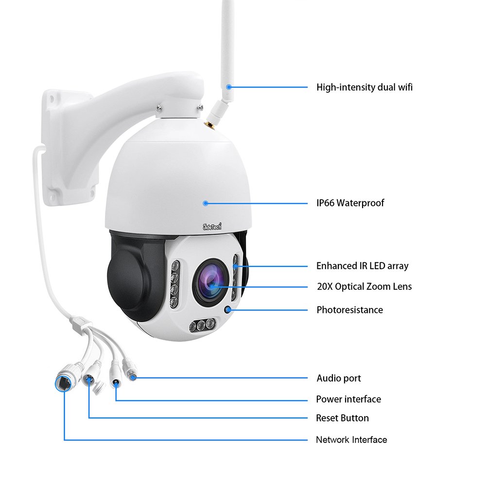 JideTech wifi 8MP 20X 4K auto tracking Vehicle detection color night vision IP Outdoor CCTV PTZ security system Wireless Camera