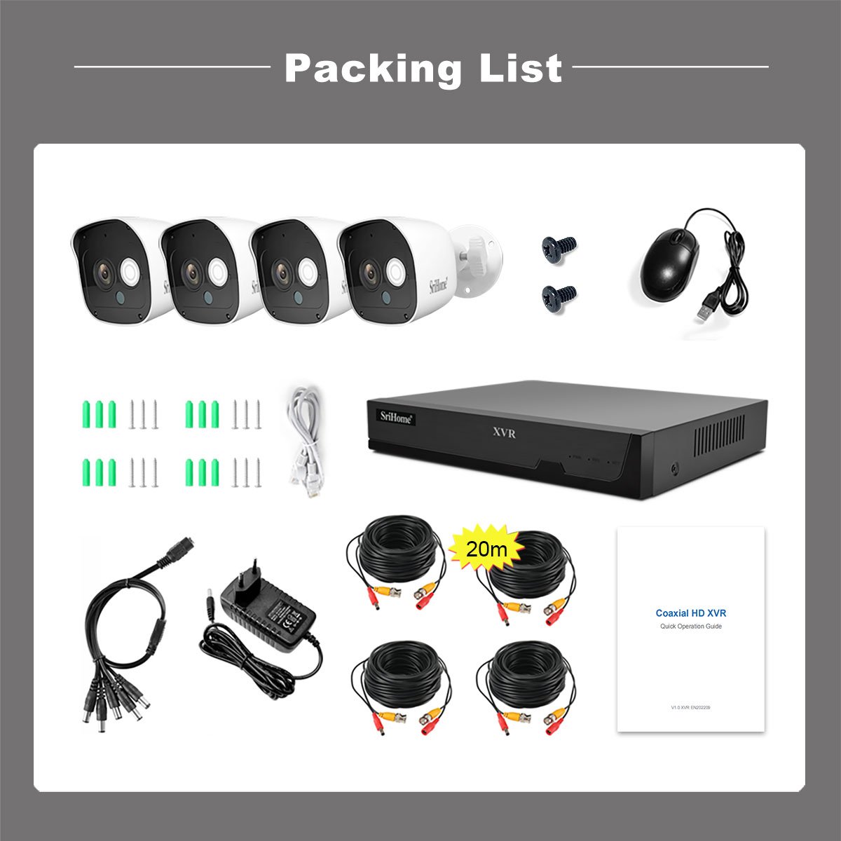 SriHome Hot Sale NVS008 4CH XVR/DVR+ 4*AHD029 Cheap And High Quality XVR TVI/AHD/DVR/NVR/CVI CCTV Camera Surveillance System