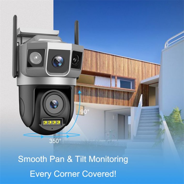 Rscamtom Color Night Vision Wireless CCTV Camera Outdoor WiFi PTZ Three Lens Three Screen Auto Tracking Security Camera