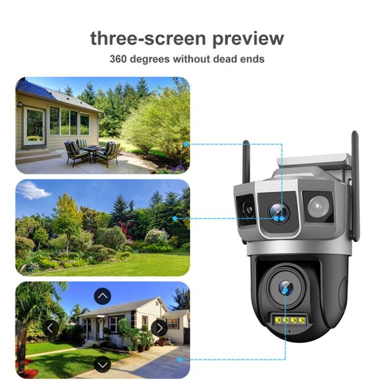 Rscamtom Color Night Vision Wireless CCTV Camera Outdoor WiFi PTZ Three Lens Three Screen Auto Tracking Security Camera
