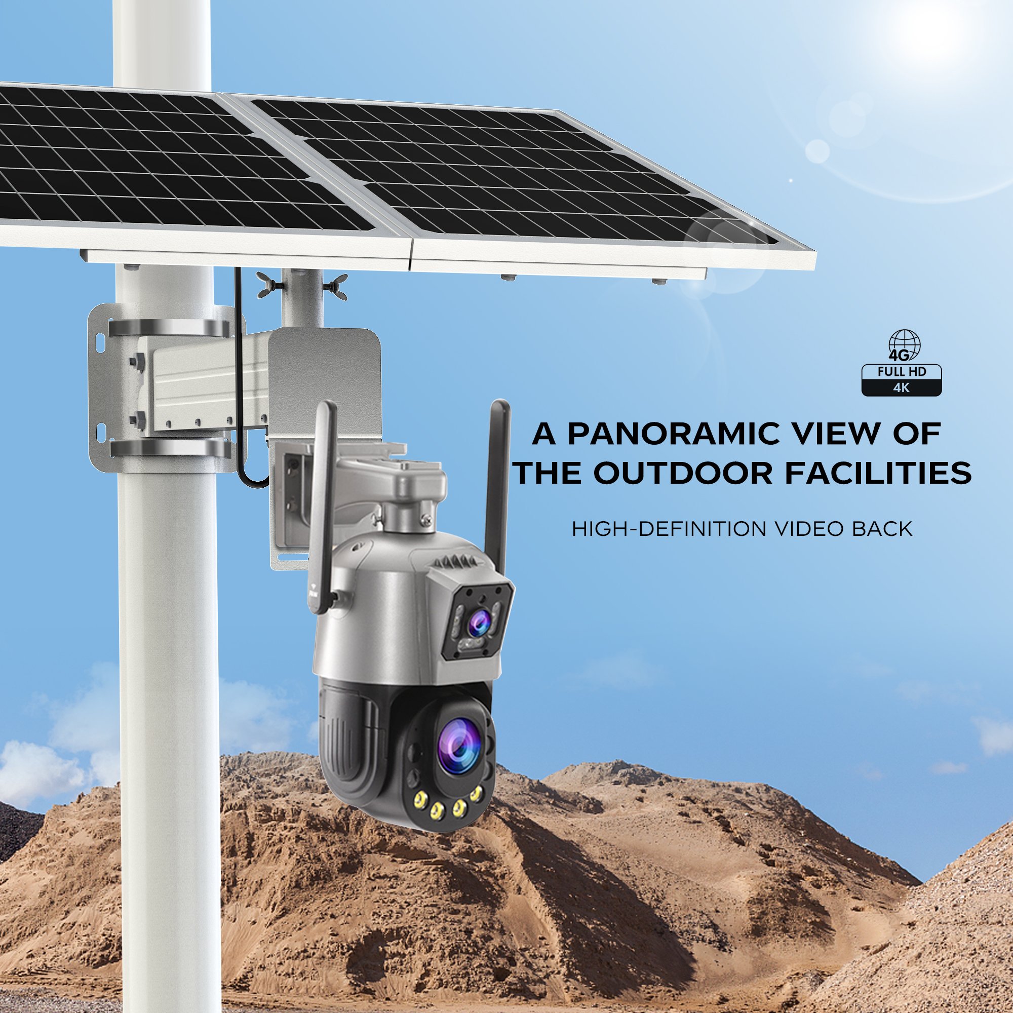 TecDeft Factory 100W100Ah OEM Support iP66 Waterproof Human Motion Detection PIR Night Vision Solar cctv Camera