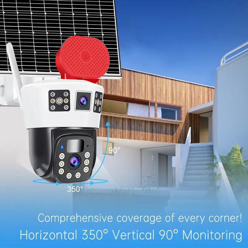 Okam's new high-definition dual lens dual screen 4MP 4G solar powered security camera system CCTV gimbal network camera