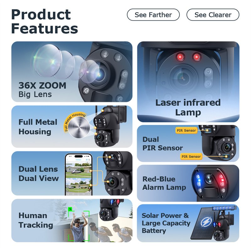 VESAFE Small 10W Solar Battery 4g Wifi Ip Waterproof Outdoor Security Cctv 6mp 36X Zoom Night Vision Surveillance Camera