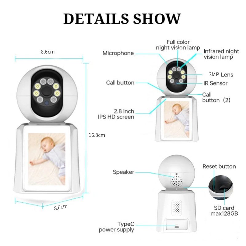 WESECUU Wifi Ip 2K Full HD 2.8 inch 360 Screen Night Vision Surveillance Baby Monitor Smart Cameras For Home Security