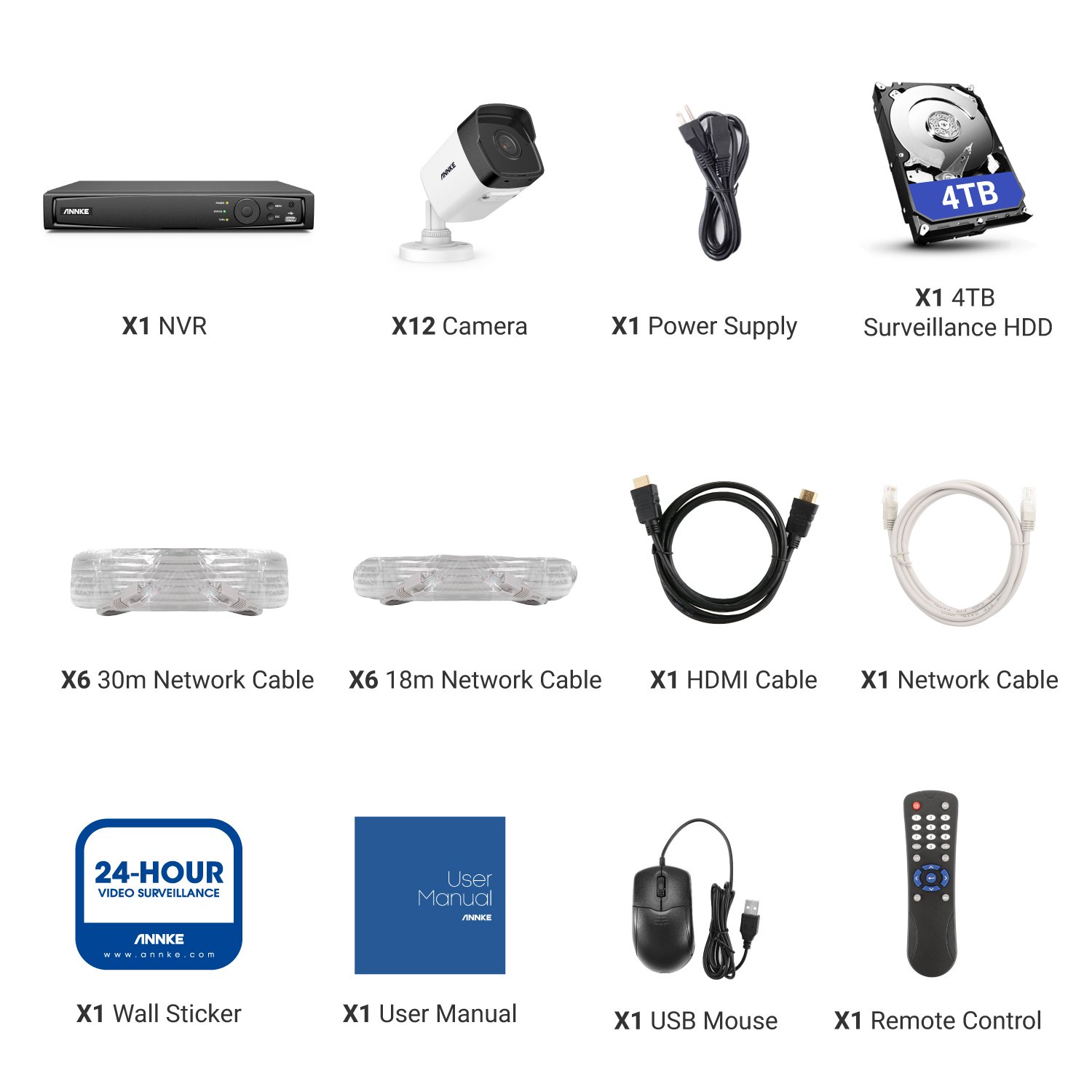 ANNKE H.265+ 4K 16Ch POE NVR Security Camera System 12pcs 5MP Surveillance Camera CCTV System with 4TB Hard Drive