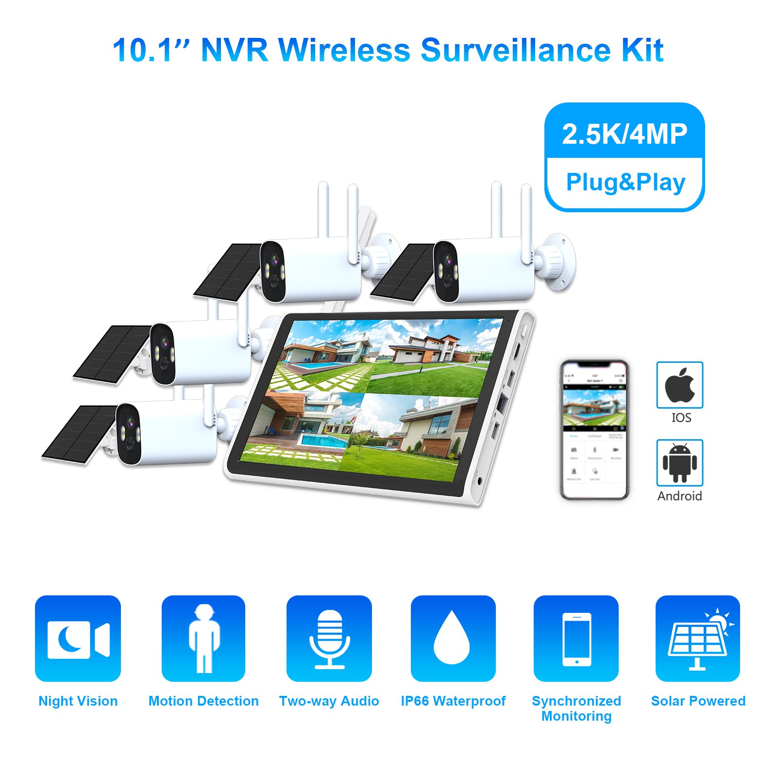 10.1inch IP WIFi surveillance camera system with cloud storage 4 channels home alarm system wireless with camera