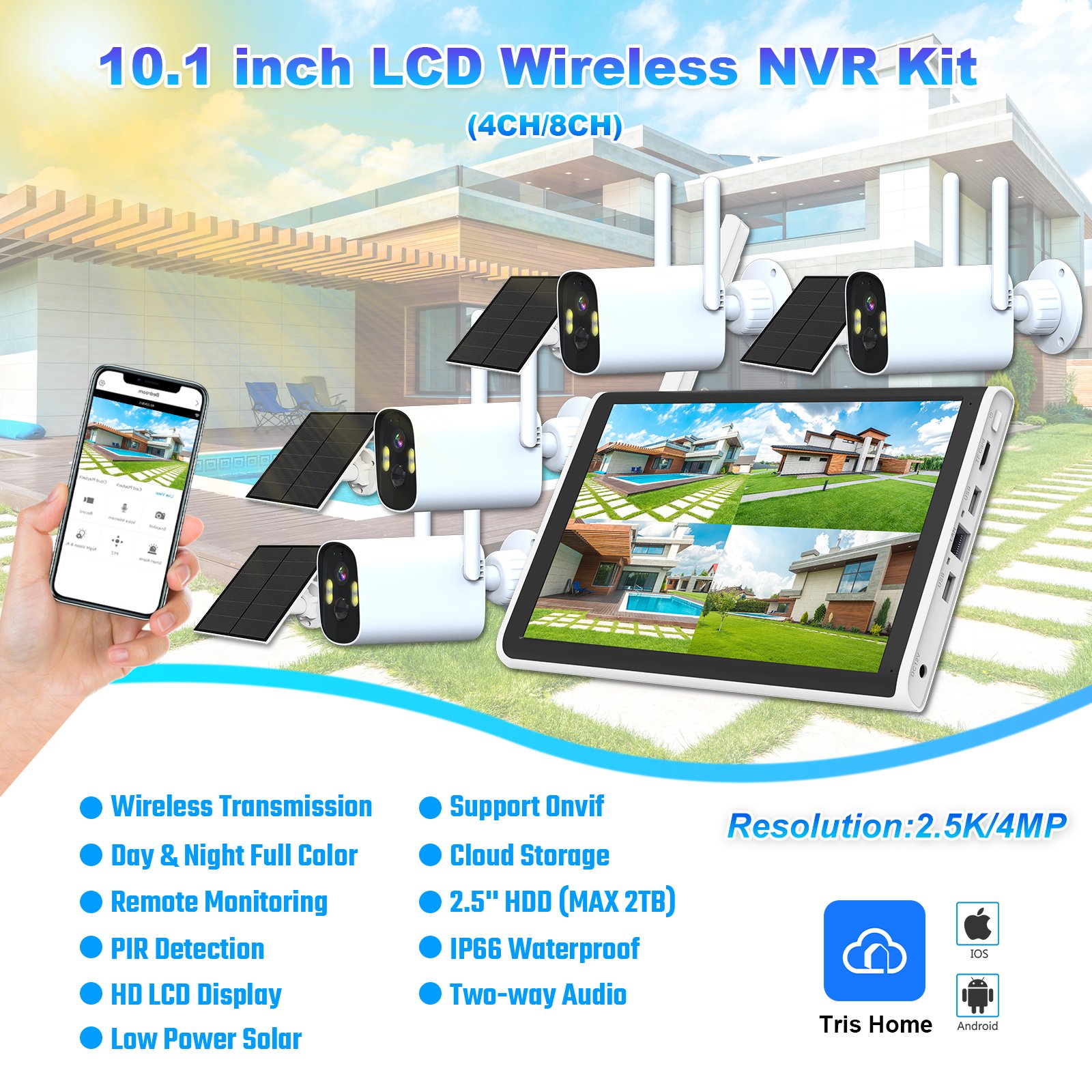 10.1inch IP WIFi surveillance camera system with cloud storage 4 channels home alarm system wireless with camera