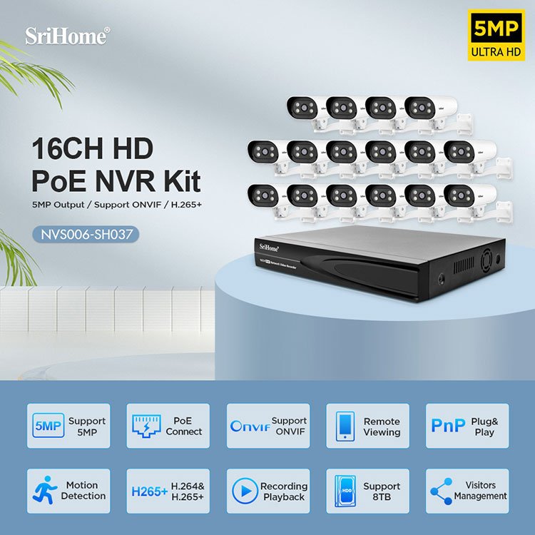 SriHome 16CH 5MP Security Camera System Outdoor Home Poe Nvr Kit Cctv Ip Cameras Surveillance Security Camera System