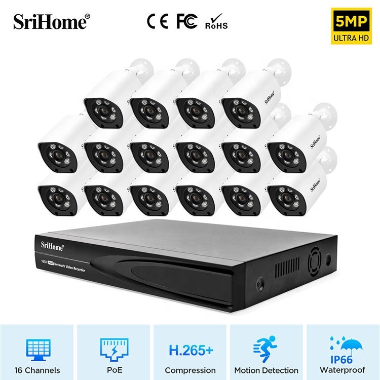 SriHome 16CH 5MP Security Camera System Outdoor Home Poe Nvr Kit Cctv Ip Cameras Surveillance Security Camera System