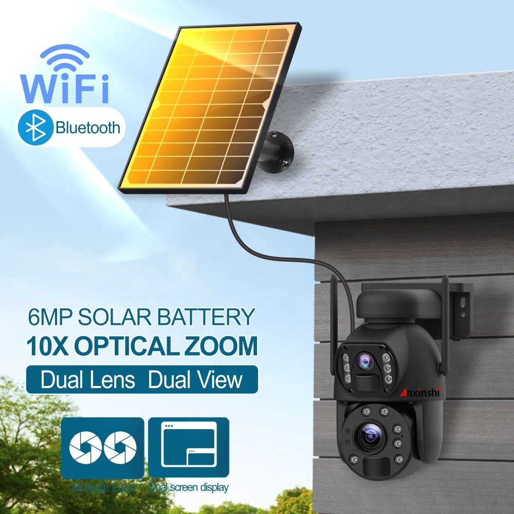 Anxinshi 10X Wireless 6MP Dual Lens Wifi Bluetooth Camera Solar Battery Network Camera