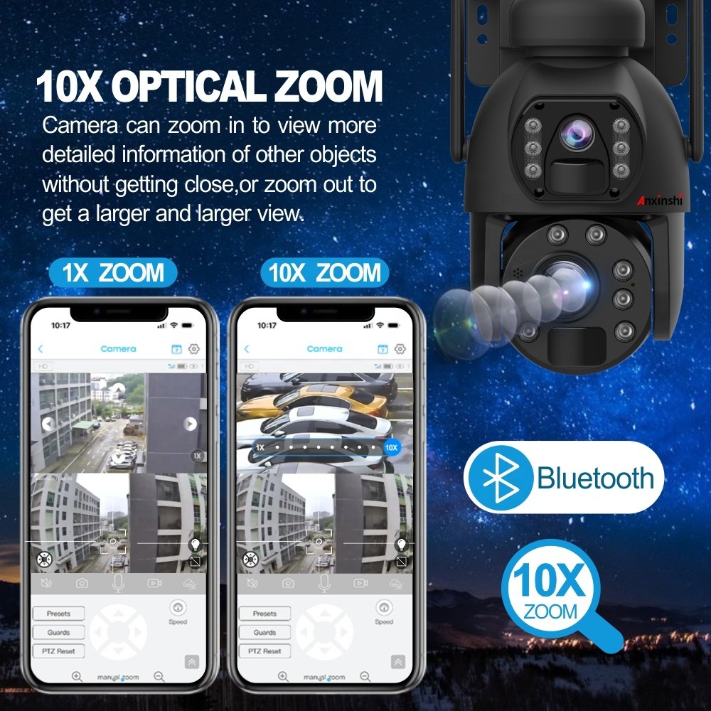 Anxinshi 10X Wireless 6MP Dual Lens Wifi Bluetooth Camera Solar Battery Network Camera