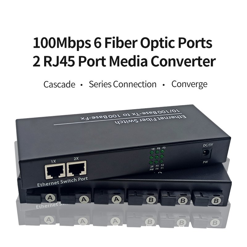 10/100M Fiber Converter 6 SC Fiber Port 2 LAN RJ45 UTP Port Duplex Fast Ethernet Fiber Optical Media Converter Switch 6F2E