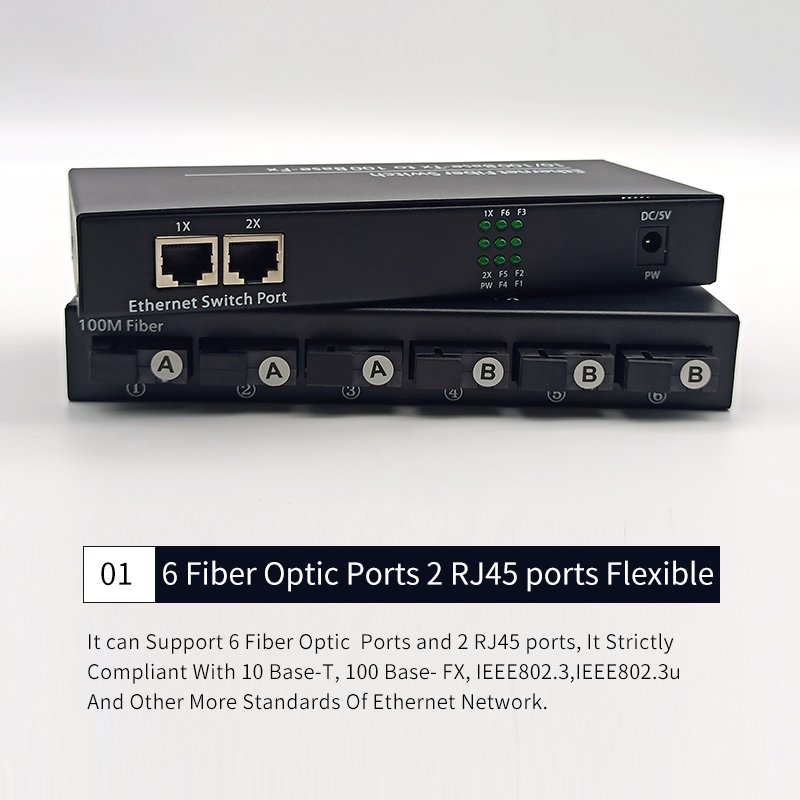10/100M Fiber Converter 6 SC Fiber Port 2 LAN RJ45 UTP Port Duplex Fast Ethernet Fiber Optical Media Converter Switch 6F2E