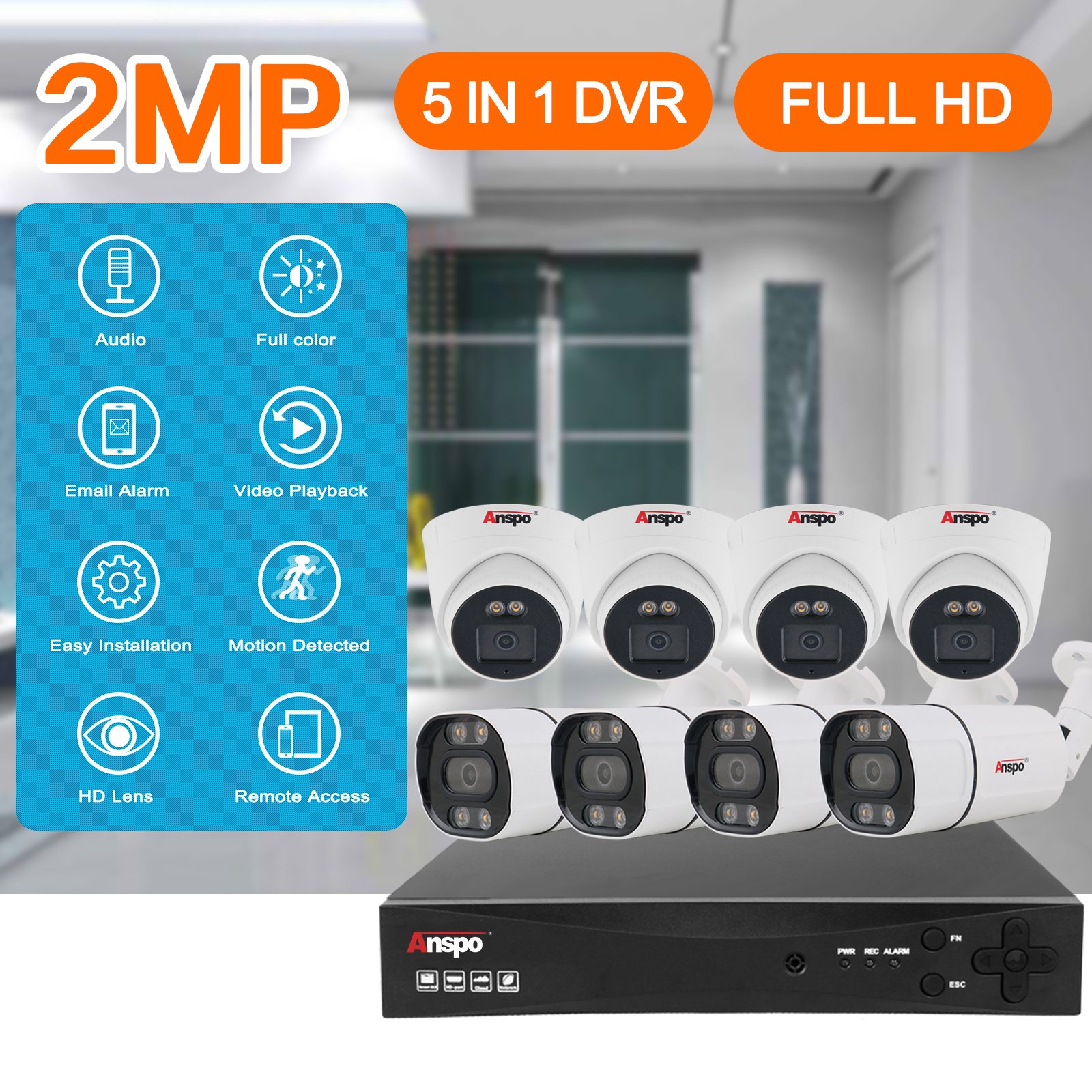 Analog AHD 2MP ColorVu 8ch camera kit 1080P DVR security CCTV system 5MP BNC Surveillance Full color Cable camera