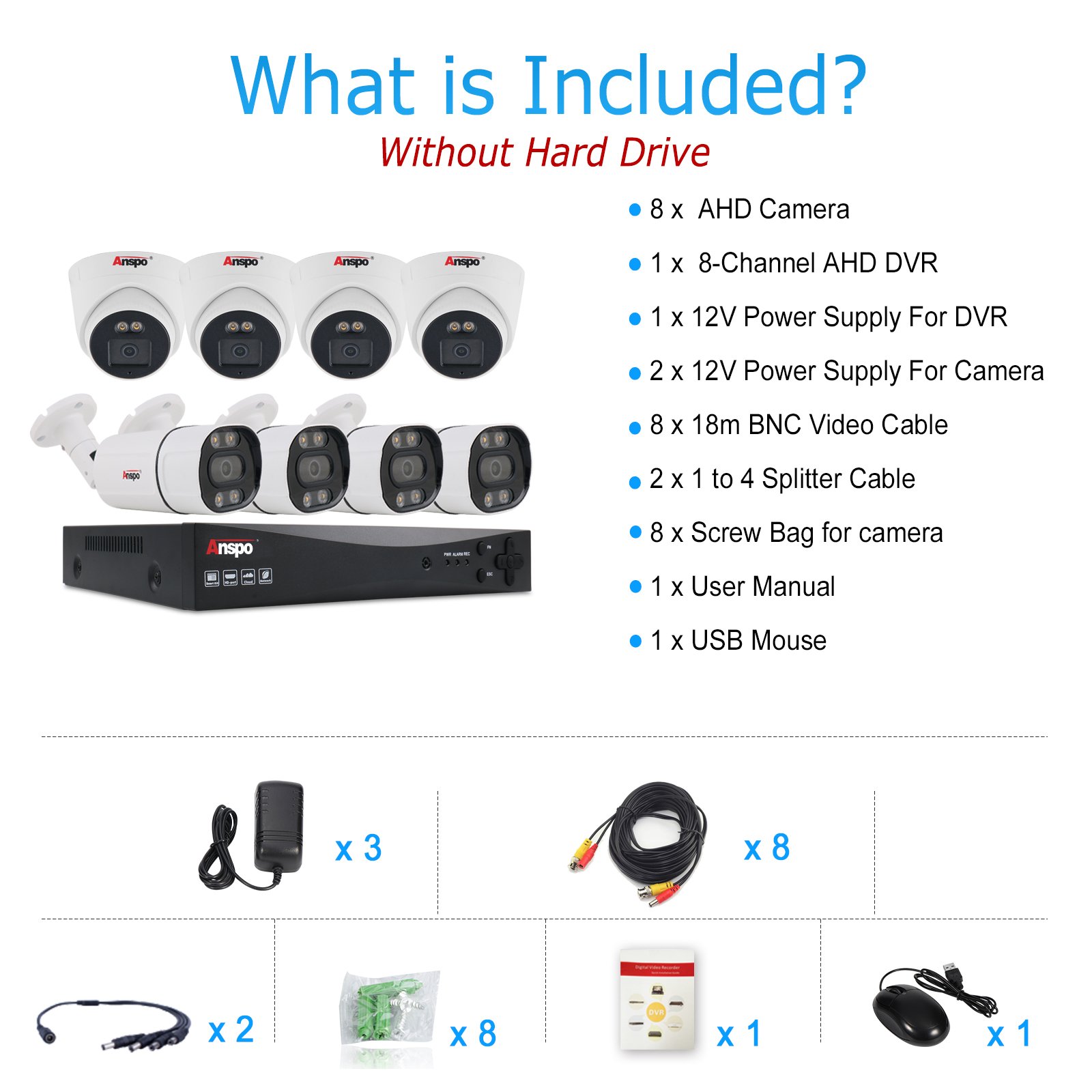 Analog AHD 2MP ColorVu 8ch camera kit 1080P DVR security CCTV system 5MP BNC Surveillance Full color Cable camera