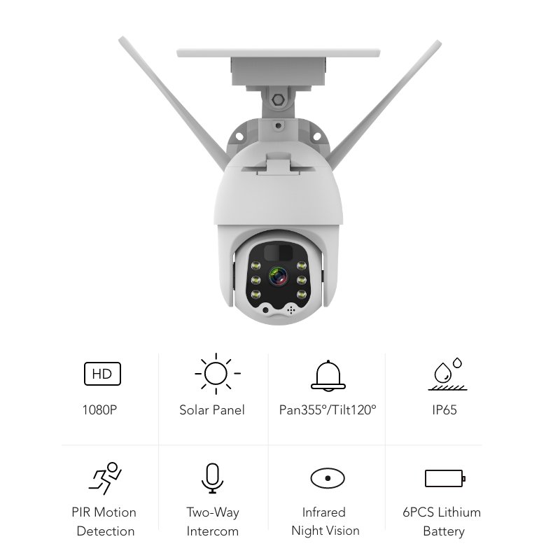 Solar Panel Wireless WiFi Connection Digital Zoom Human Detect PTZ IP Camera with Color Night Vision