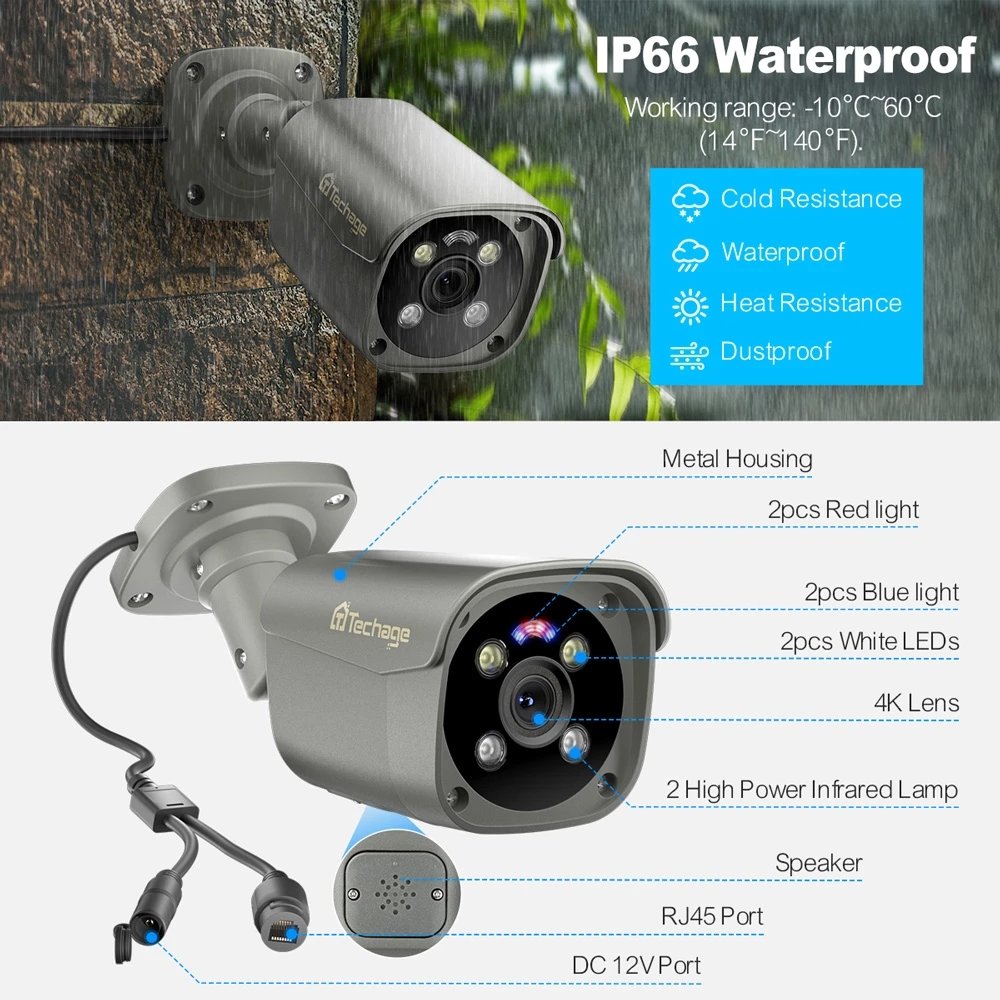 Techage H.265 8 Channel Video Surveillance System 8MP Poe Color Night Vision 8MP NVR Cctv Security Camera System