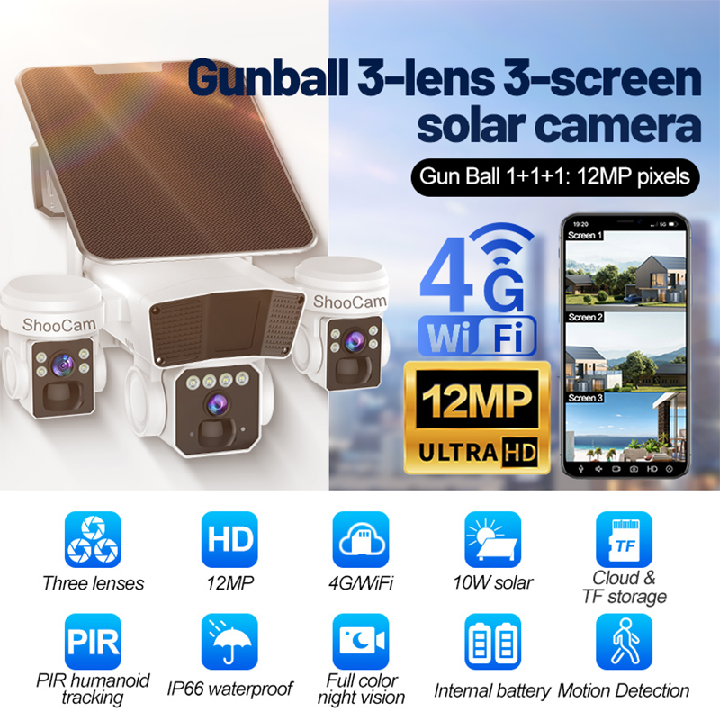 Outdoor 12mp Solar 4g/Wifi Sim Card Camera 3lens 3Screen Home Wireless Security Network Solar Cctv Camera