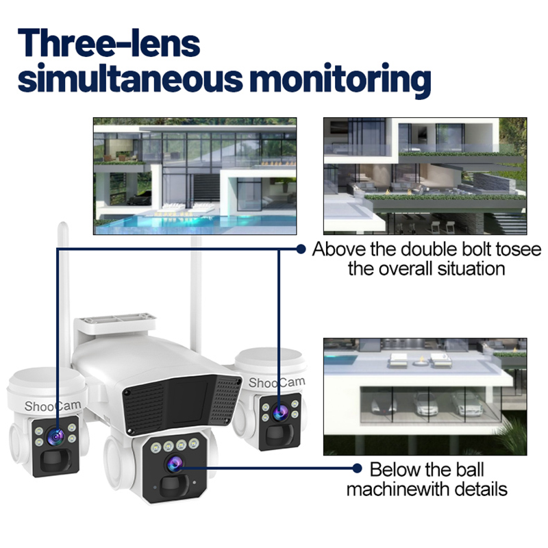 Outdoor 12mp Solar 4g/Wifi Sim Card Camera 3lens 3Screen Home Wireless Security Network Solar Cctv Camera