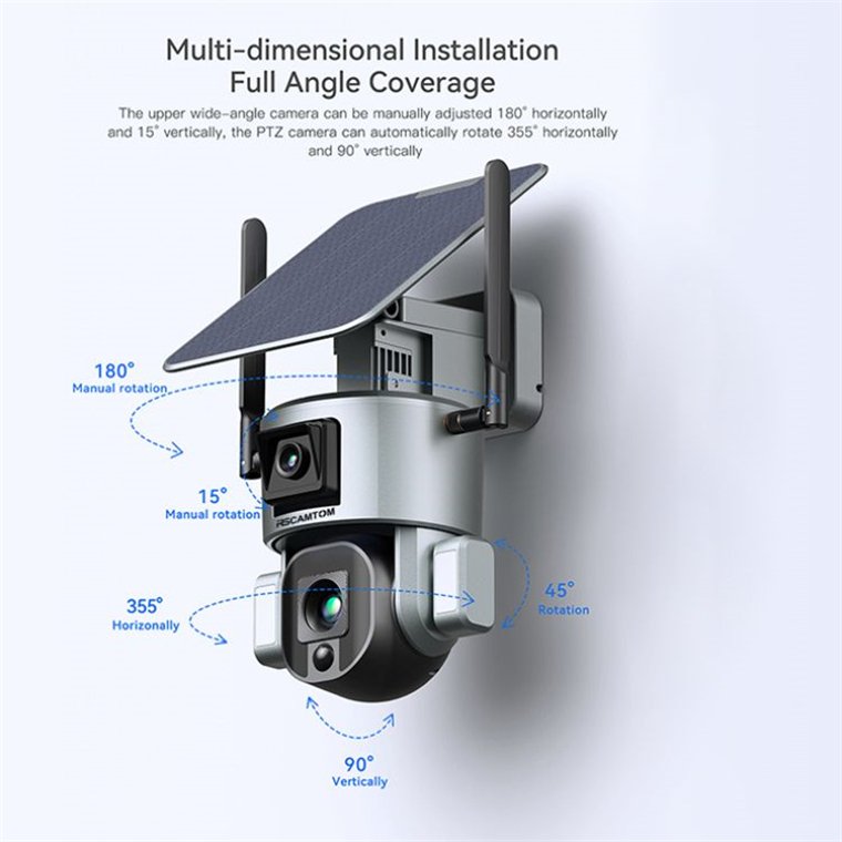 Rscamtom 4K Camera with Dual Lens for Wildlife Observation Solar Powered 4G PTZ Camera for Industrial Security