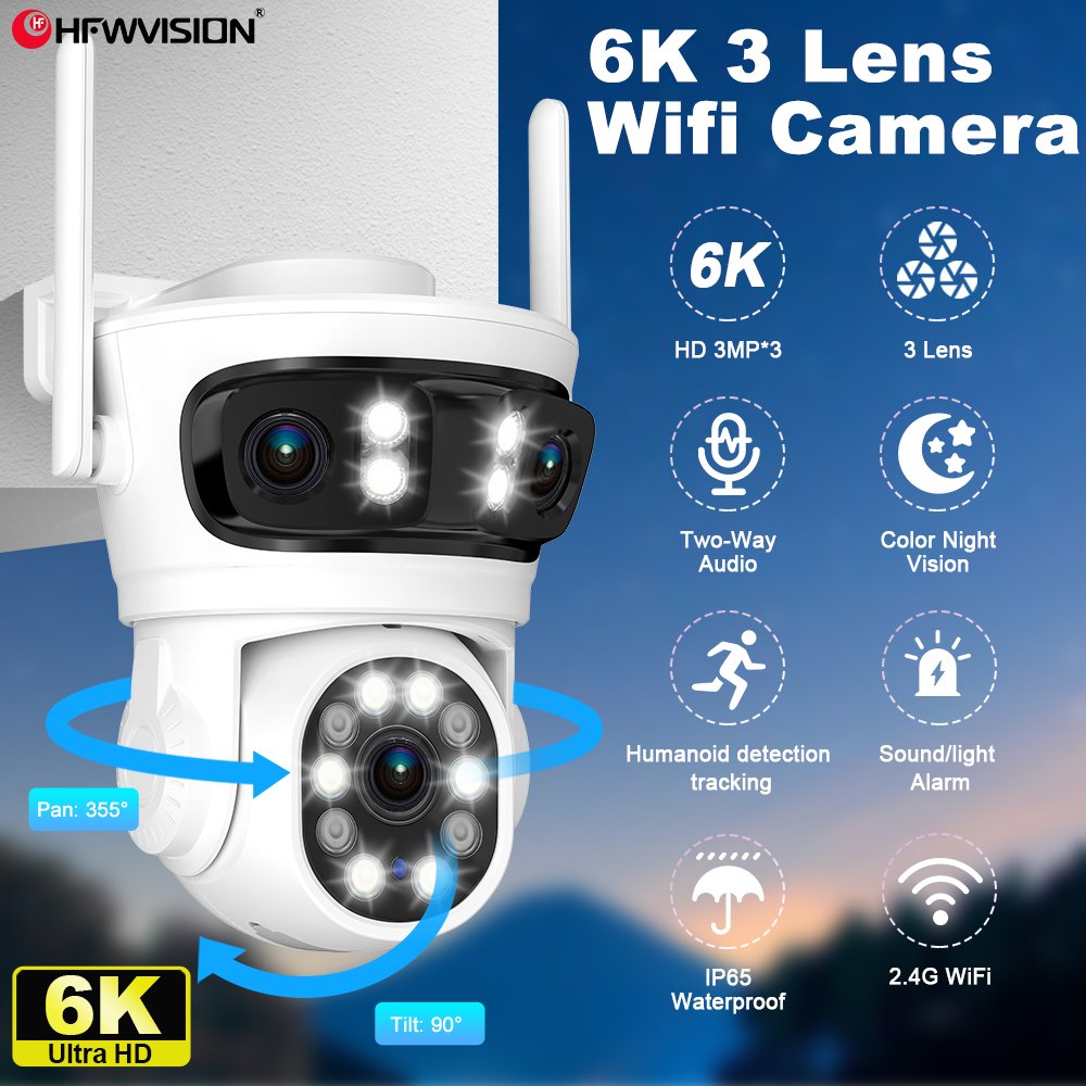 6K Wifi Camera 3MP 3 Lens 3 Screen Ai Human Auto Tracking Wireless Network CCTV Outdoor Wifi Ptz Security surveillance Cameras