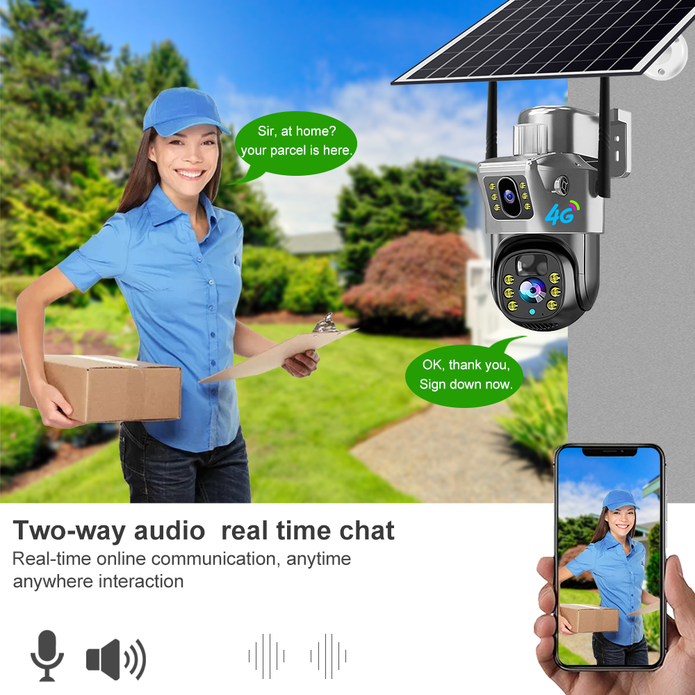 Factory Solar Powered 2K Sim 4MP Dual Lens Wireless 4G Security Camera PIR Motion Detection Outdoor Security Surveillance Camera