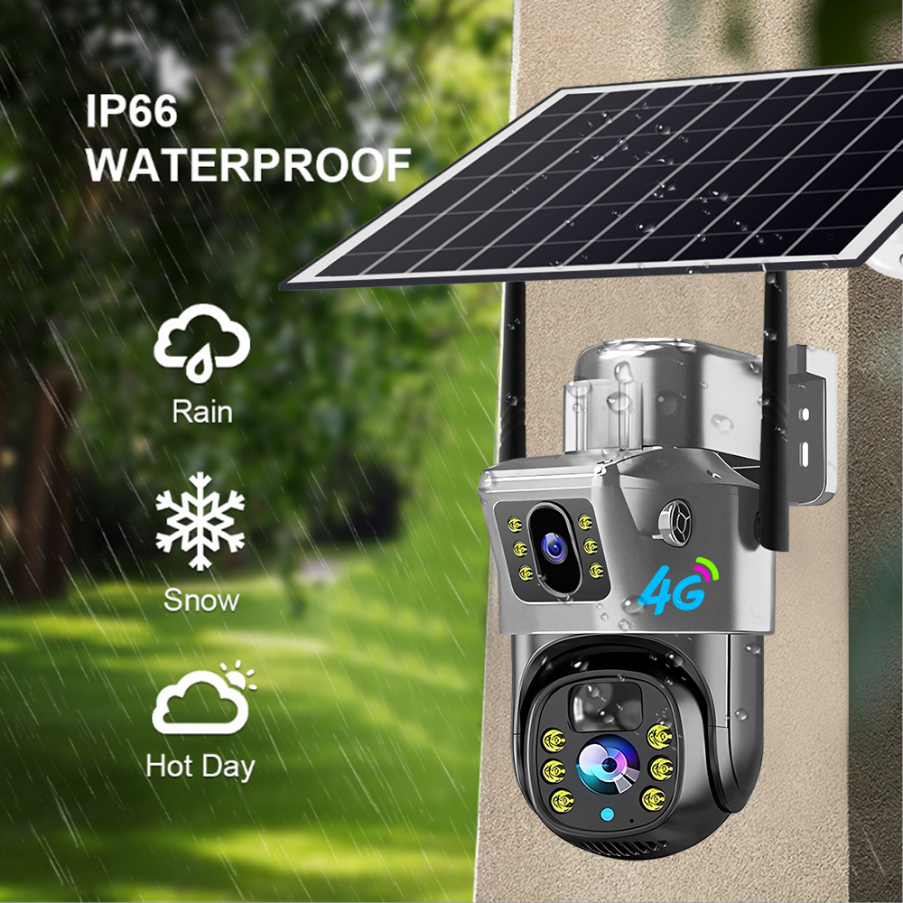 Factory Solar Powered 2K Sim 4MP Dual Lens Wireless 4G Security Camera PIR Motion Detection Outdoor Security Surveillance Camera