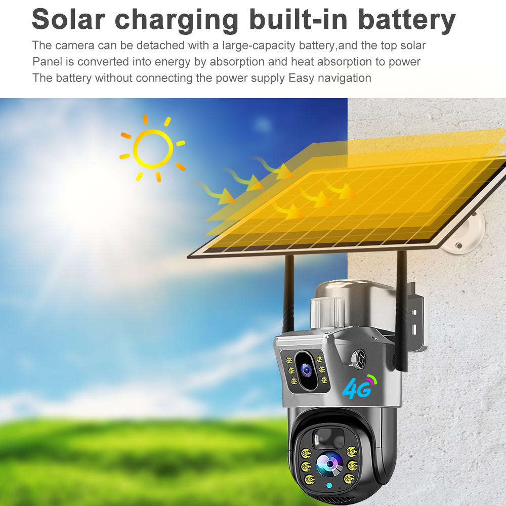 Factory Solar Powered 2K Sim 4MP Dual Lens Wireless 4G Security Camera PIR Motion Detection Outdoor Security Surveillance Camera