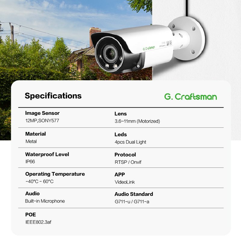 GA-B3VD-M12S Waterproof 12MP IP POE Security Camera with Long IR Range Motorized Zoom Auto Focus Varifocal Lens Remote Control