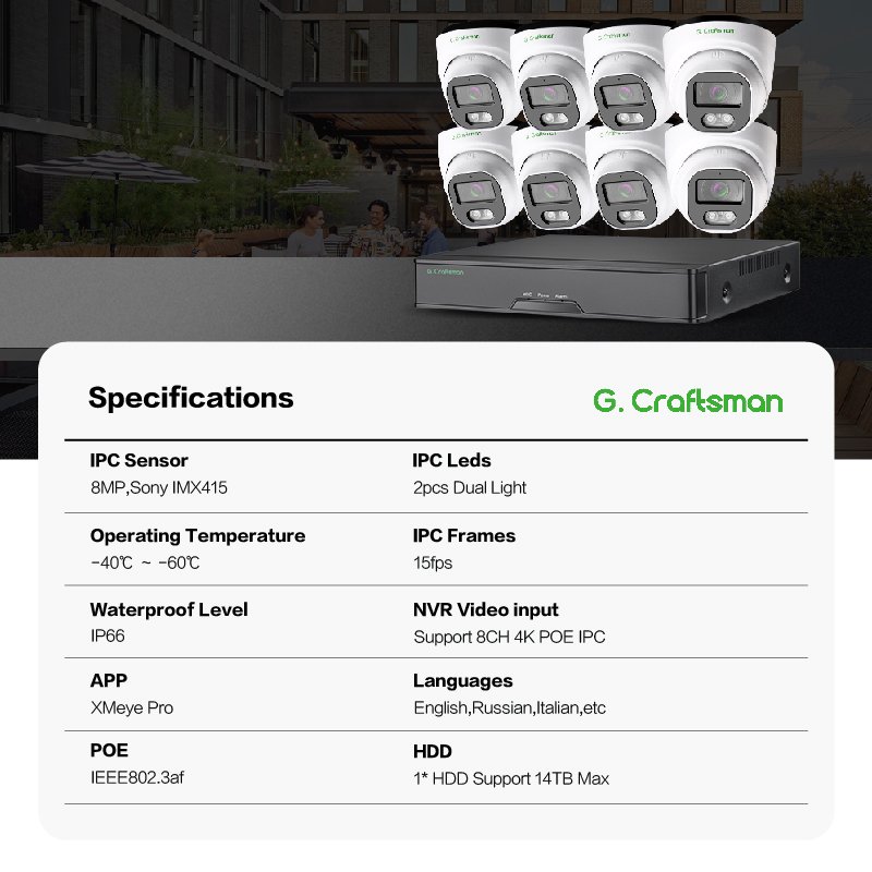 GX-HFD-M8S-K8 Ultra 8CH POE Home Security CCTV Camera System with 4K/8MP H.265+ NVR and 8PCS 8MP IP Camera and cables