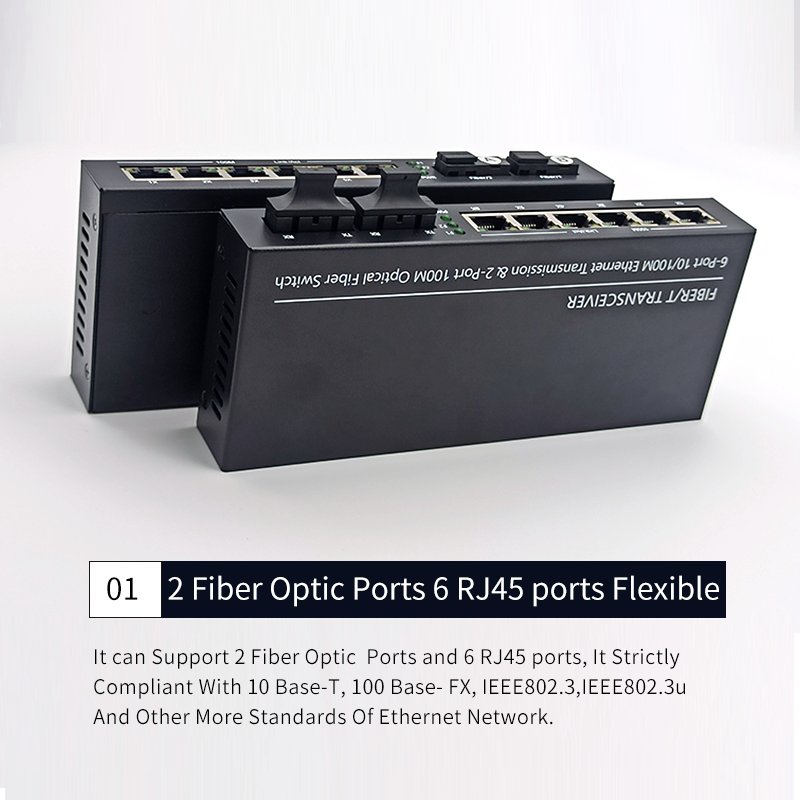 10/100M Fiber Converter 2 SC Fiber Port 6 LAN RJ45 UTP Port Duplex Fast Ethernet Fiber Optical Media Converter Switch 2F6E