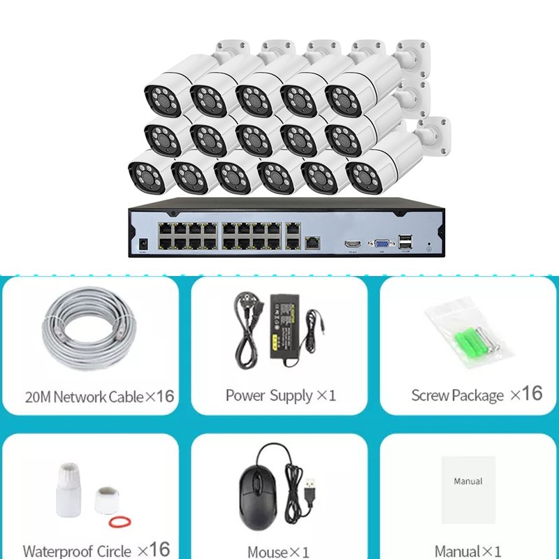 5MP 16Ch Kit Waterproof Camera IP Poe CCTV Camera System Set FULL Color Ce White H.265 Indoor Security Camera System NVR