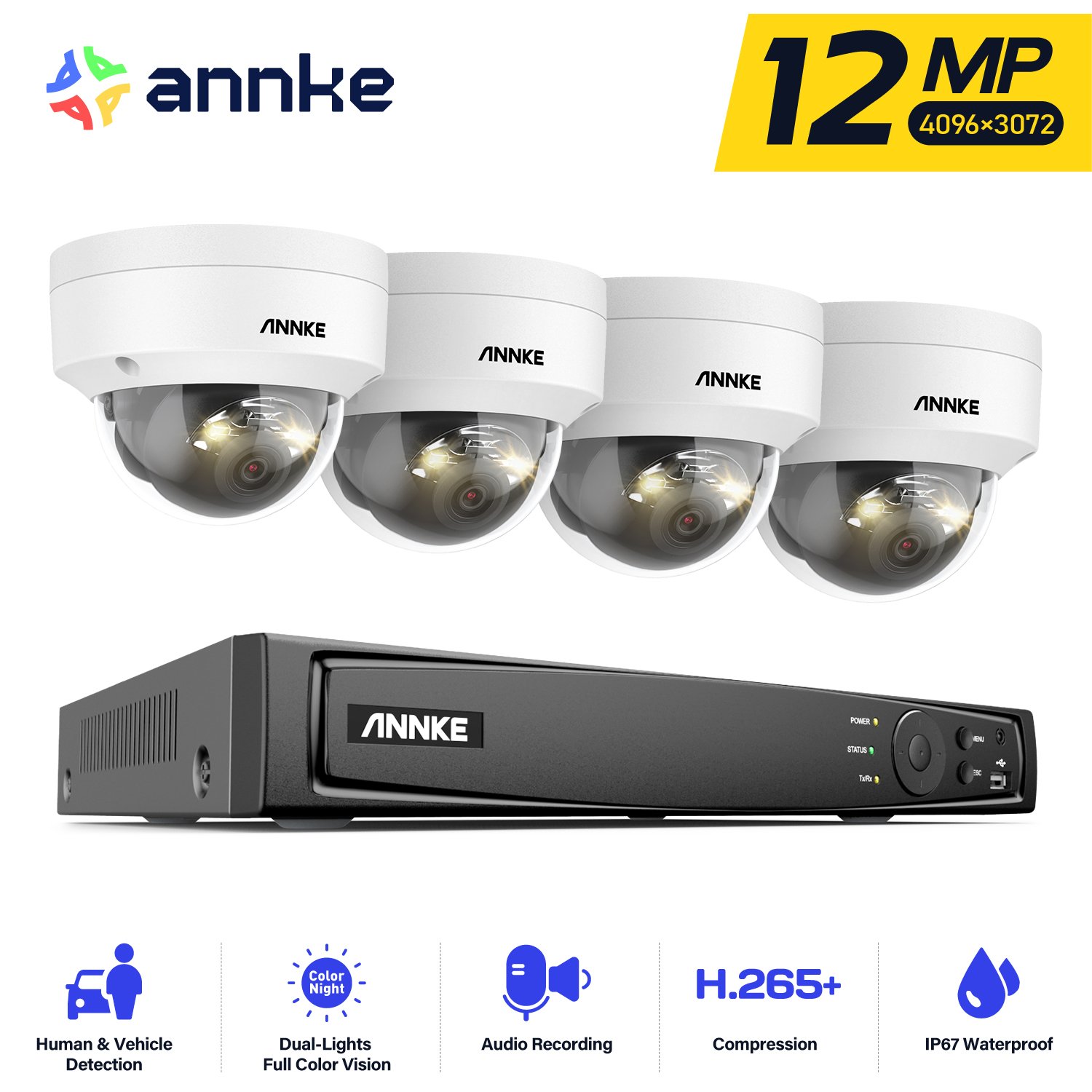 ANNKE 8CH 4K 12MP PoE NVR System with 4pcs 12MP AI & Smart Dual Light & Microphone PoE IP Outdoor CCTV Dome Cameras