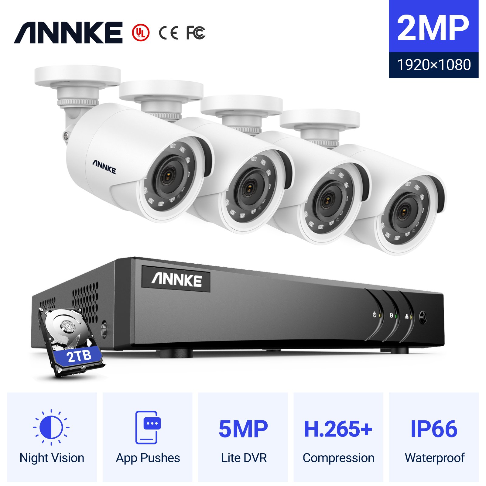ANNKE 5MP 8 Channel DVR with 2TB HDD 1080p Wired CCTV Camera System 100ft EXIR Night Vision Surveillance Camera System