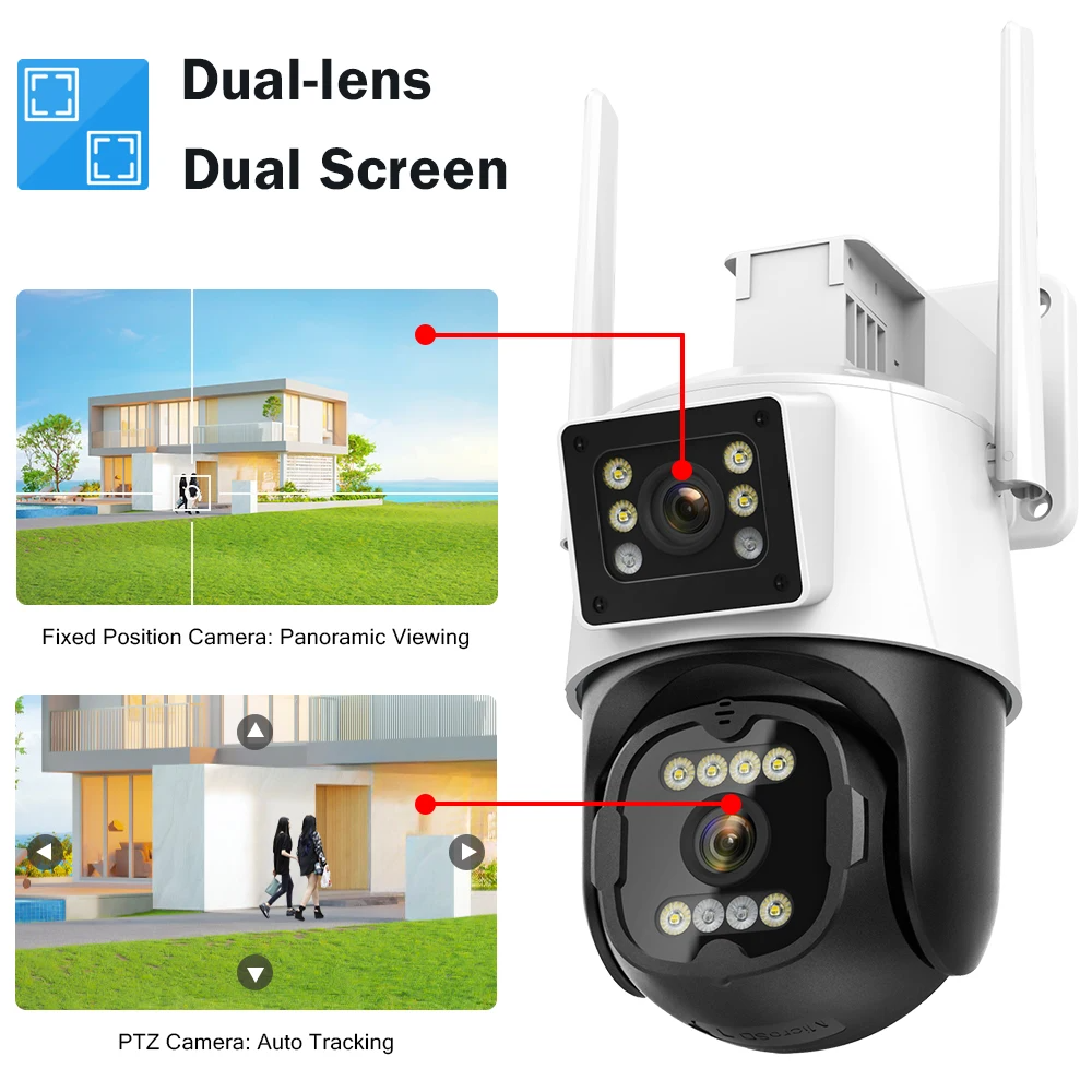 Icsee 4k Dual Lens Ptz Outdoor Floodlight Network Camera Security Wireless Wifi With Long-range Fill Light Cctv Ip Camera